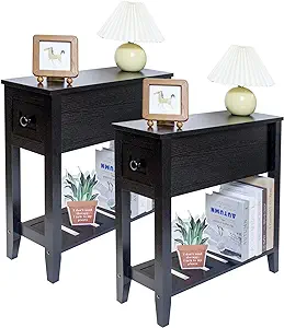 Narrow End Table, Black Side Table With Drawer, Slim Bed Side Table For ... - £188.22 GBP