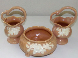 Antique 1930&#39;s Weller Pottery Jardiniere &amp; Baskets Peach Cameo Floral Relief 3pc - £70.38 GBP