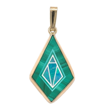 14k Yellow Gold Genuine Malachite Opal Turquoise Inlay Intarsia Pendant ... - $564.30
