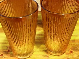 Amber Iridescent Carnival Glass Rigid Lines on sides 5&quot; (4) Water Glasses - £26.62 GBP