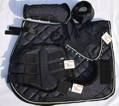 NAVY BLUE GLITTER SADDLE PAD MATCHY SET BRUSHING BOOTS BELL BOOTS AND FL... - £71.46 GBP