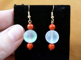(EE390-17) Moonstone + Red Mother of Pearl gemstone dangle gold hook earrings - £14.18 GBP