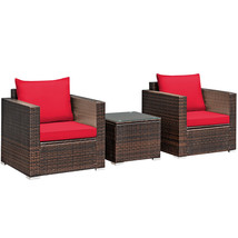 3Pcs Patio Rattan Furniture Set Conversation Sofa Cushioned Garden Red - £275.75 GBP