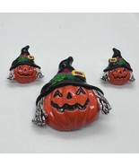 BEST Jack O Lantern Pumpkin Brooch Pierced Earrings Set Enamel Halloween... - $17.82