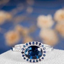 1.50Ct Oval Cut CZ Blue Sapphire Halo Engagement Ring 14k White Gold Finish - £80.36 GBP