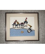 Winter Penguins Finished Framed Crewel Embroidery Needlepoint 1980s - $39.59