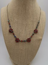 Modern vintage inspired red &amp; blue rhinestone flower necklace 18 inches - £11.95 GBP