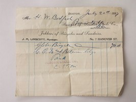 1897 antique BOSTON MA CYCLE CO RECEIPT j linscott H W BODFISH bicycle s... - $34.60