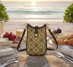 NEW Tory Burch T Monogram Raffia Natural/Black Phone Small Crossbody Bag - $278.00