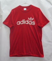 Vtg 70s 80s ADIDAS TREFOIL SPELLOUT LOGO 2 SIDED RED 50/50 USA MADE T Sh... - £125.87 GBP