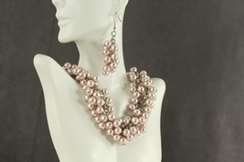 MODERN Costume Jewelry PINK Faux Pearl Cluster Necklace &amp; Pierced Earrin... - $24.28