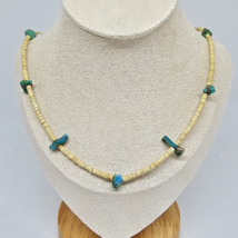 Vintage Blue Turquoise &amp; Cream Round Shell Heishi Necklace 22&quot; Long - £23.59 GBP