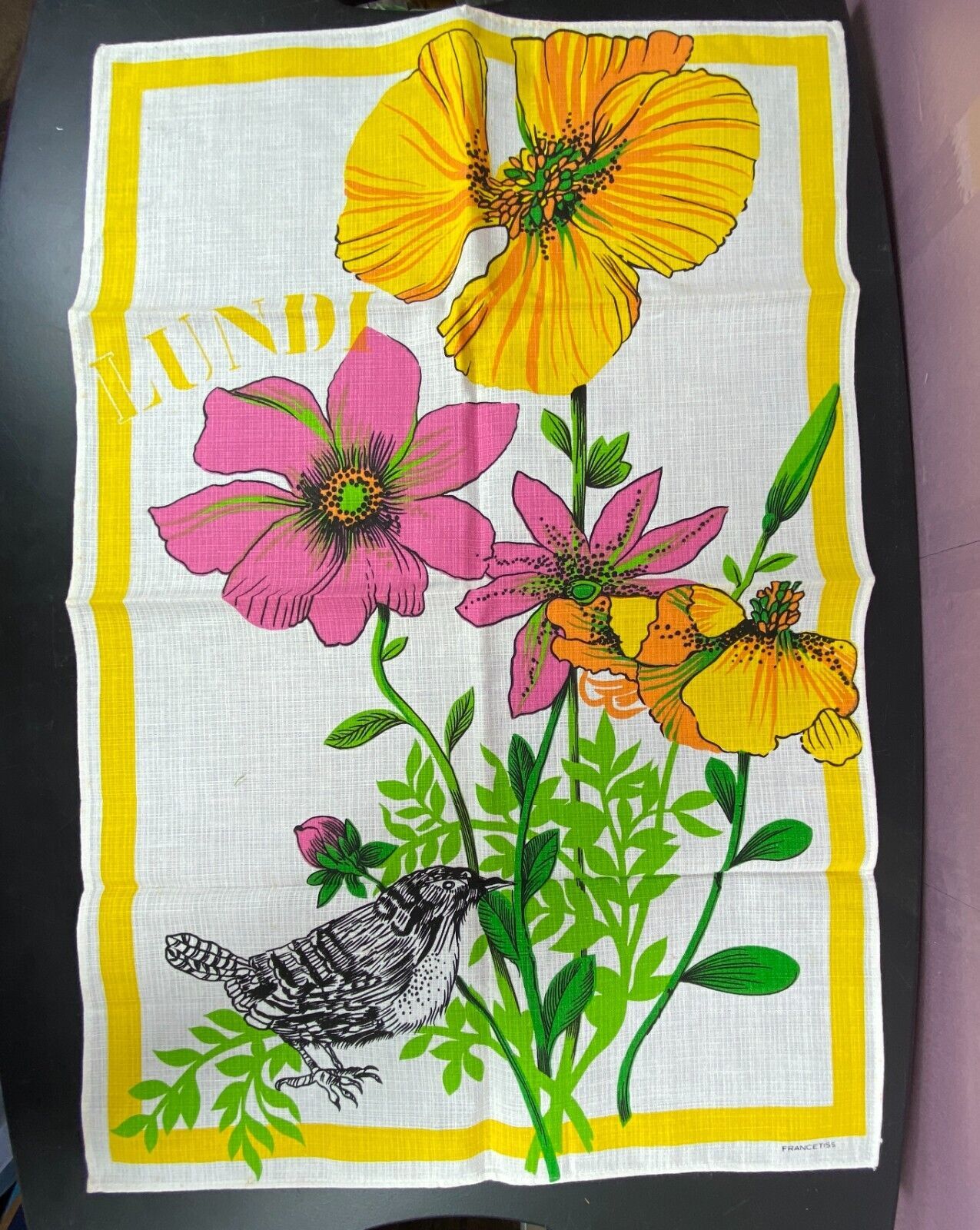 Primary image for Vintage Lundi Francetiss Linen Kitchen Tea Towel Finch Poppy Anemone Flower