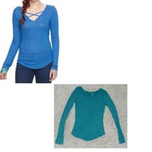 Womens Shirts 2 Jr Girls SO Blue Green Criss Cross Neck Long Sleeve Top-size M - £9.52 GBP