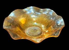 Jeanette Iris and Herringbone Marigold Carnival Glass Bowl Ruffle Edge 11.5 Inch - £15.29 GBP