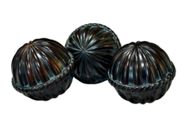 Dark Wooden Sphere Decor Solid Wood Decorative Balls Lot of 3 Ribbed 4 Inch - £11.50 GBP