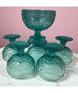 Lot Of 6 Vtg Glass Turquoise Ice Blue Aqua Dessert Pedestal Cup Sunflowe... - $58.41
