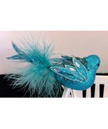 Blue Giittered Jeweled Clip on Bird w Blue Feathers Beads 5&quot; Length - $8.90