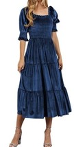 R.Vivimos Blue Velvet Puff Sleeve Square Neck Smocked Tiered Midi Dress L 12/14 - £26.79 GBP