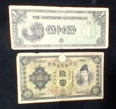 (2)Japanese Government Occupation PHILIPPINES BANKNOTE, One Peso, c.1940... - $7.69 CAD