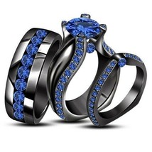 3Ct Blue Sapphire Engagement Bridal Wedding Band Trio Ring Set 14K Black Gold FN - £120.19 GBP