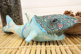 Great White Shark Hand Crafted Paper Mache In Colorful Sari Fabric Figurine - $31.99