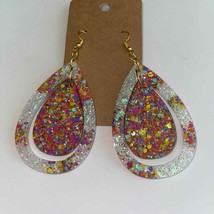 Handmade epoxy resin large teardrop dangle earrings - pink purple multi glitter - £5.63 GBP