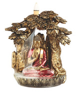 Buddha Under Gold Tree 51191 Backflow Cone Incense Burner  7.5&quot; H Red Robe - £30.37 GBP