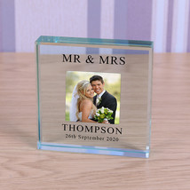 Personalised Wedding Mr/Mrs Mr/Mr Mrs/Mrs Glass Token Photo Engraved Glass Block - £11.95 GBP