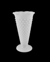 MCM Anchor Hocking Hobnail Milk Glass Vase Dots White Trumpet Shape Scallop 9.5&quot; - £13.65 GBP
