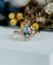 1.80Ct Oval Cut Aquamarine Halo Engagement Wedding Ring 14K Rose Gold Finish - £66.03 GBP