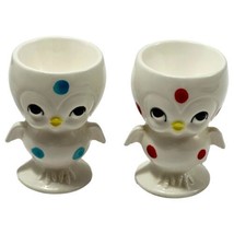 Anthropomorphic Chick Bird Egg Cup Polka Dot Lot 2 White Blue Red Vintage - $32.66