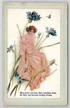 Fantasy Pretty Woman Flowing Dress Sitting on Blue Flowers Greeting Postcard E30 - $7.95