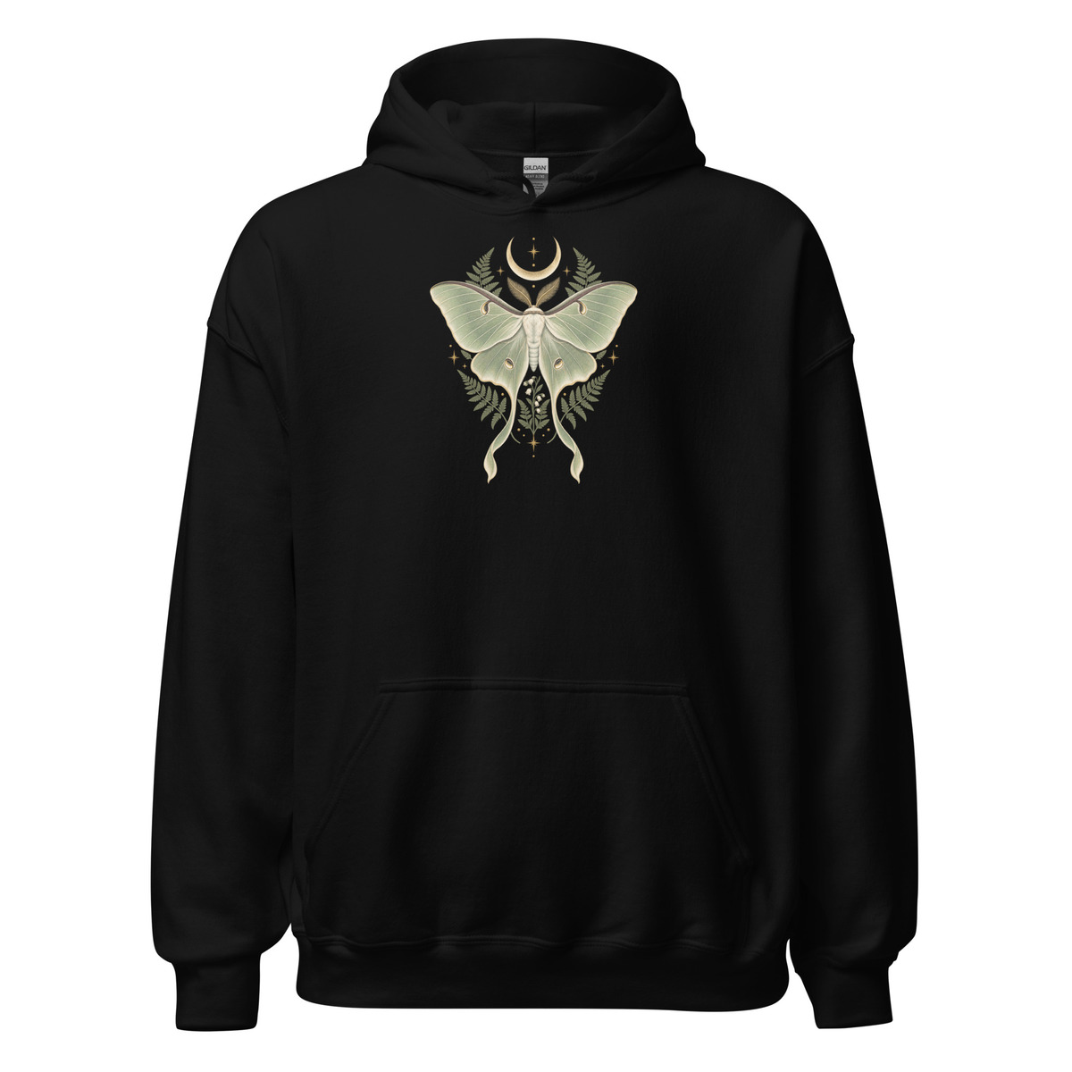 Luna Moth Hoodie - Celestial Moon Botanical Gift - Unisex Black