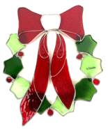 Vintage Stained Glass Christmas Wreath Decoration Large 11&quot; x 9&quot; Bow Ber... - $48.00