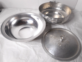 3pcs Continental Silver Co Footed Metal Casserole Dish Rose Pattern Lid Insert - $29.99