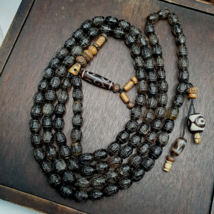 Tibetan Antique Carving Smoky Quartz 108 Beads With Dzi Agate Rosary Mala - £171.11 GBP