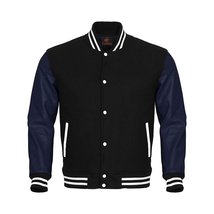 Letterman Varsity Bomber Baseball Jacket Black Body &amp; Navy Blue Leather Sleeves - £90.45 GBP