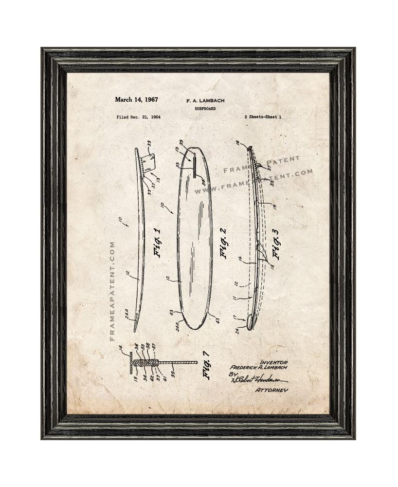 Surfboard Patent Print Old Look with Black Wood Frame