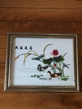 Vintage Asian Embroidered Ducks &amp; Lilly Pad on Cream Silk in Gilt Painte... - $37.97