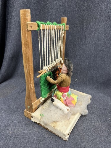 Vintage Folk Art Native American Woman at Weaving Loom w Baby - Diorama ... - $22.77