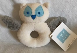 Janie &amp; Jack Gray &amp; White Plush Baby Rattle OWL NWT 6” Wide W/Wings Spread Out - $12.99