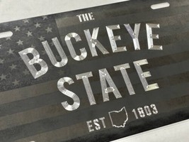Laser US Flag &amp; Diamond Etched OH Ohio Buckeye State Car Tag Front License Plate - £17.41 GBP