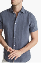 Reiss Holiday Short Sleeve Linen Button-up Shirt in Steel Blue - $96.80