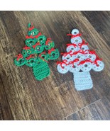 2 Vintage Hand Knit Crochet, Christmas Tree W/Bells &amp; Sequins Cottage Co... - $371.28 MXN