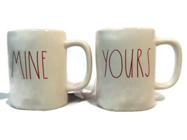 Set of 2 Rae Dunn Magenta Yours Mine Red Letter White Coffee Cup Mug Far... - $34.64