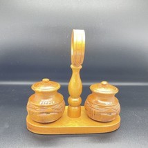 Vintage Wooden Salt &amp; Pepper Shakers, hand carved With A Tray Holder Cady - £4.74 GBP