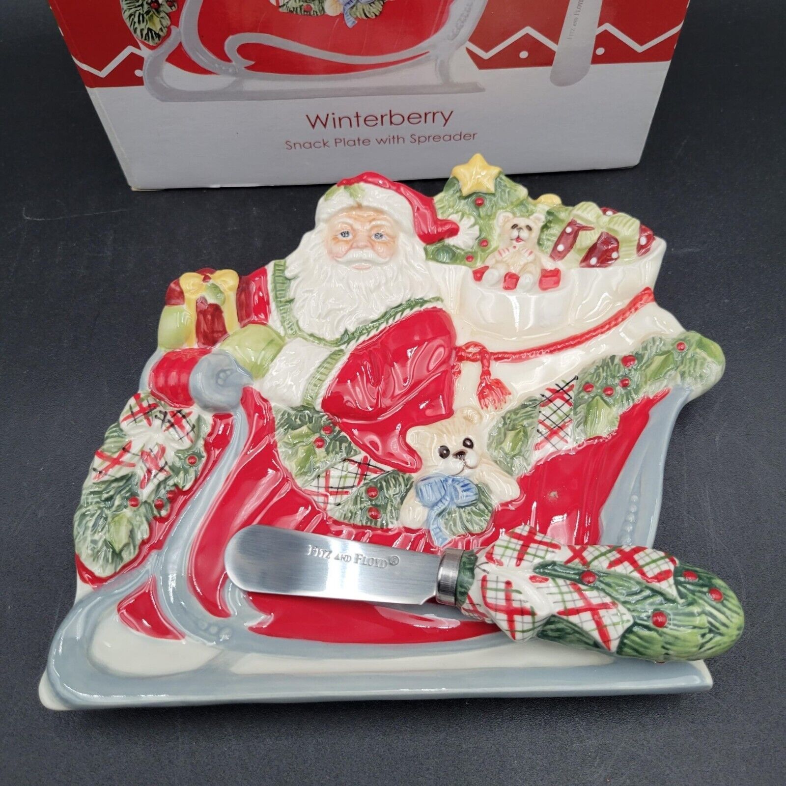 Fitz & Floyd Winterberry Snack Plate & Spreader Christmas Dish 2012 Santa Sleigh - $13.85