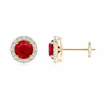 Natural Ruby Round Earrings with Diamond for Women in 14K Gold (Grade-AAA , 5MM) - £2,327.82 GBP