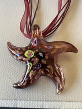 Hand Blown Murano Style Glass Necklace Pendant Red Starfish on Red Cord - $19.79